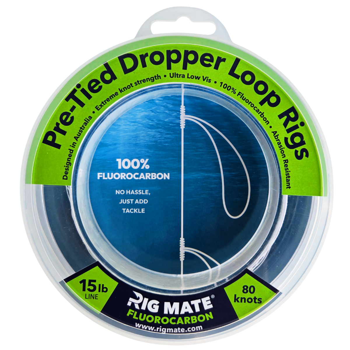 Rig Mate 15lb fluorocarbon pre-tied dropper loop rig spool - front view