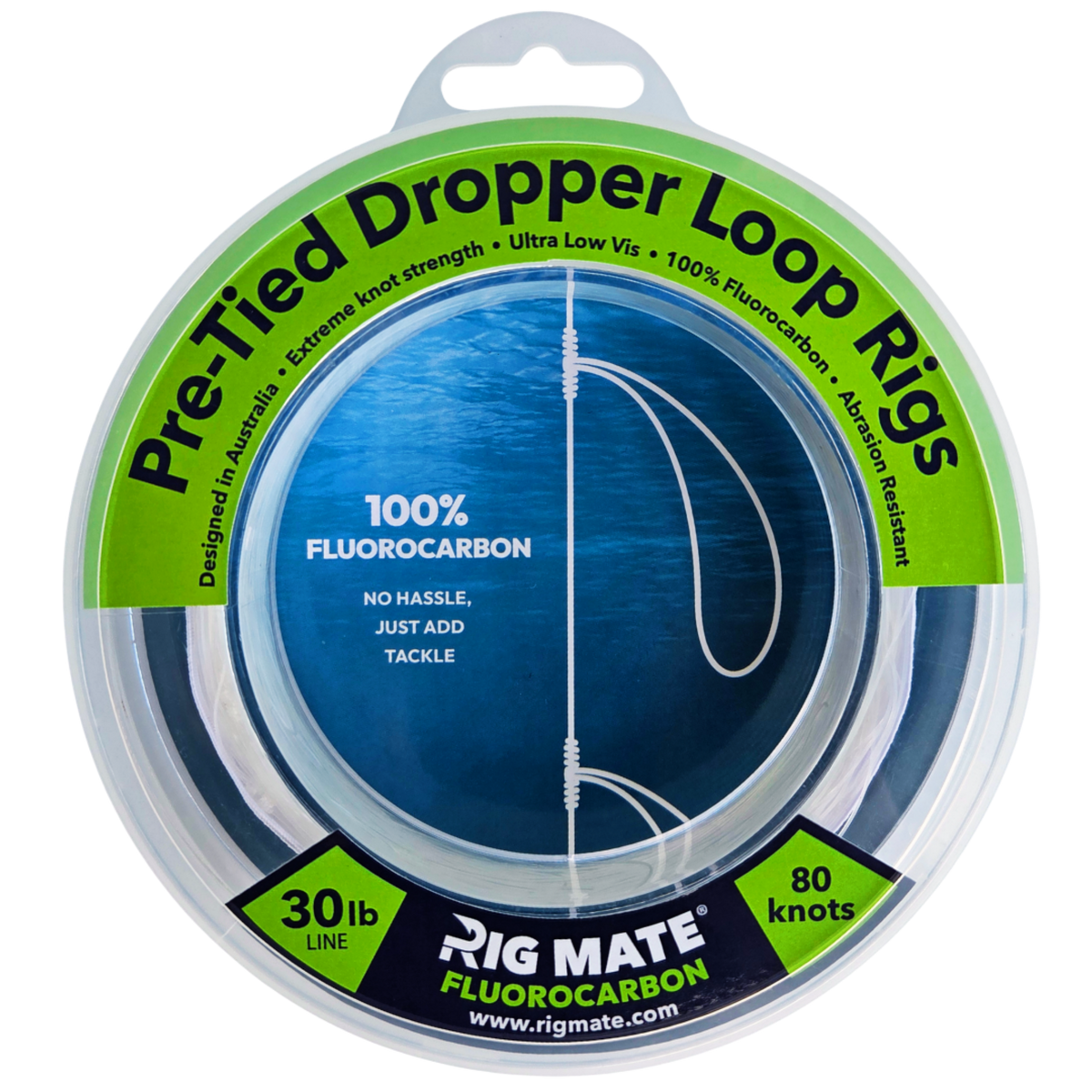 Rig Mate 30lb fluorocarbon pre-tied dropper loop rig spool - front view