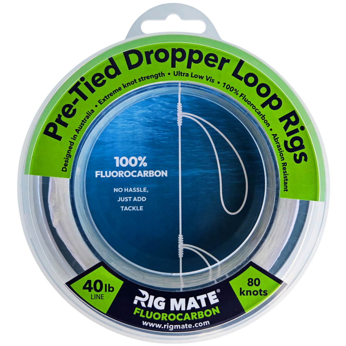 Rig Mate 40lb fluorocarbon pre-tied dropper loop rig spool - front view